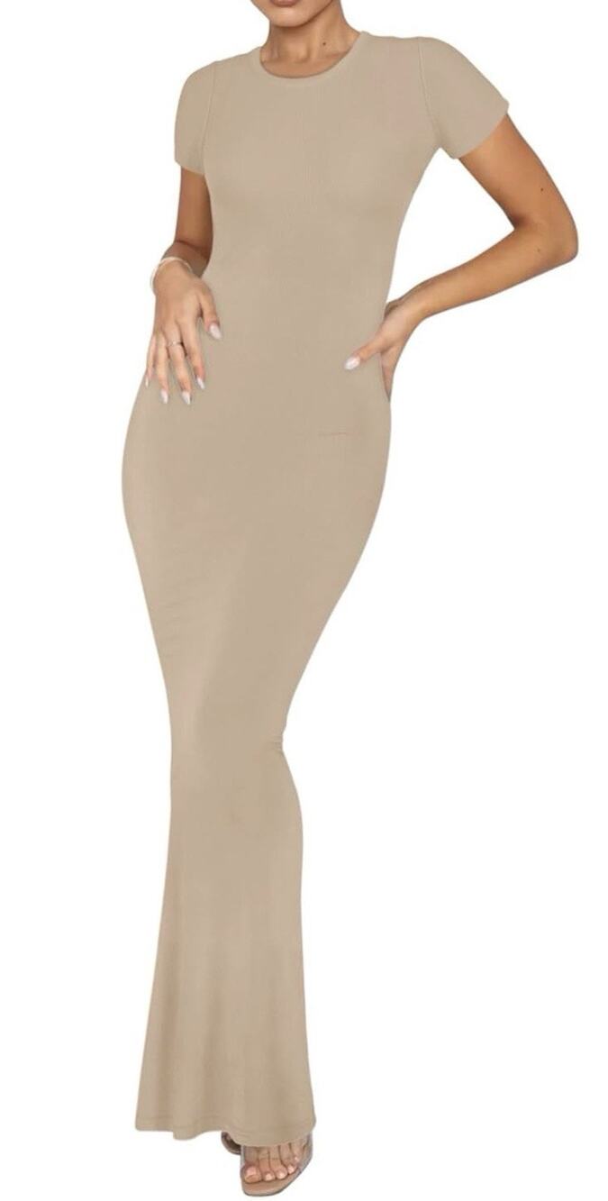 REORIA Women's Basic Summer Casual Lounge Long Dress Short Sleeve Khaki Size M